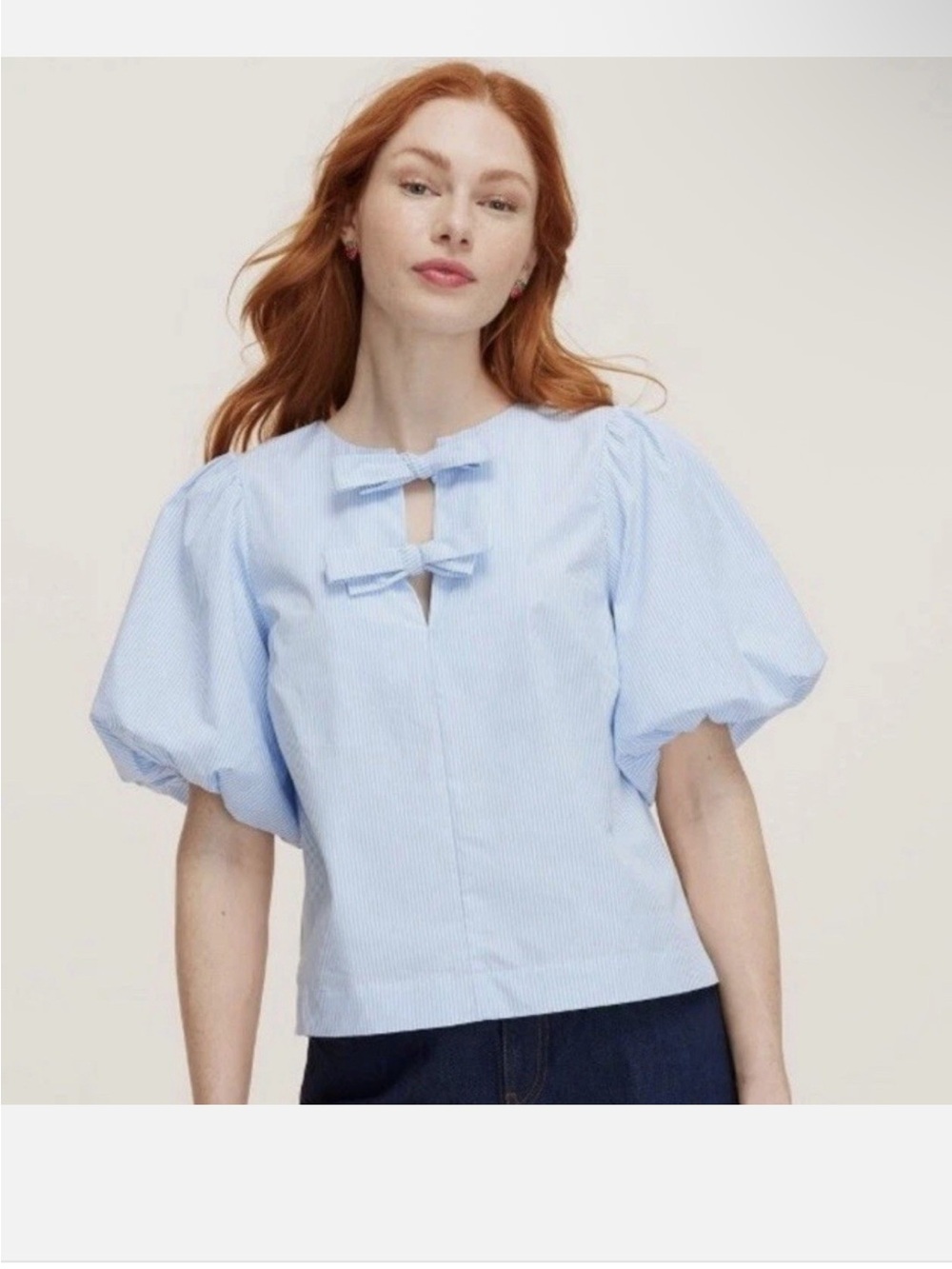 kate spade x Target Blue and White Stripe Puff Sleeve Tie Bow Blouse